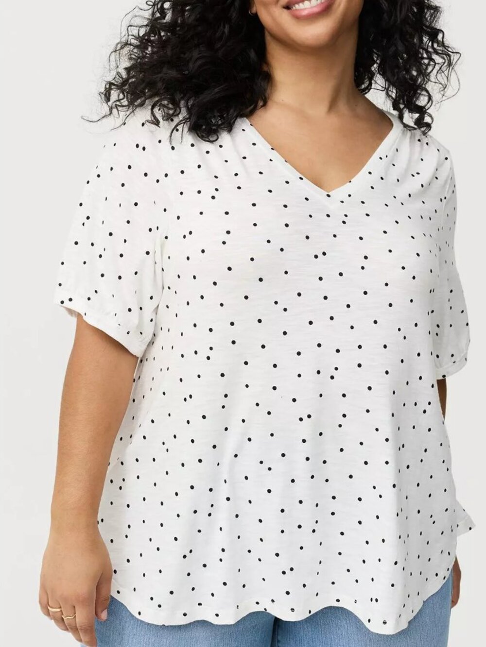 Torrid T-Shirt 1X White Black Polka Dot V-Neck Swing Vintage Slub Plus Size NWT